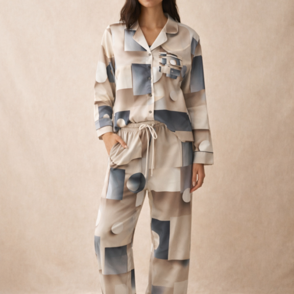 Satin Pajama Set with Echo Grids Design