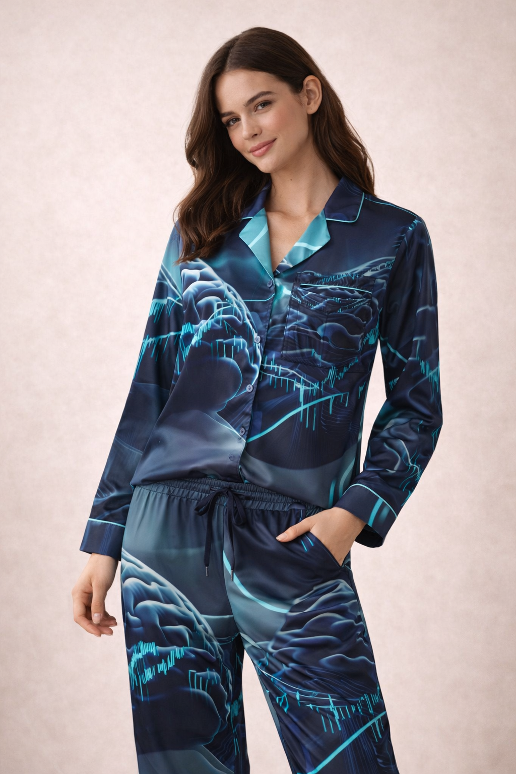 Satin Pajamas with Digital Brainwaves Pattern