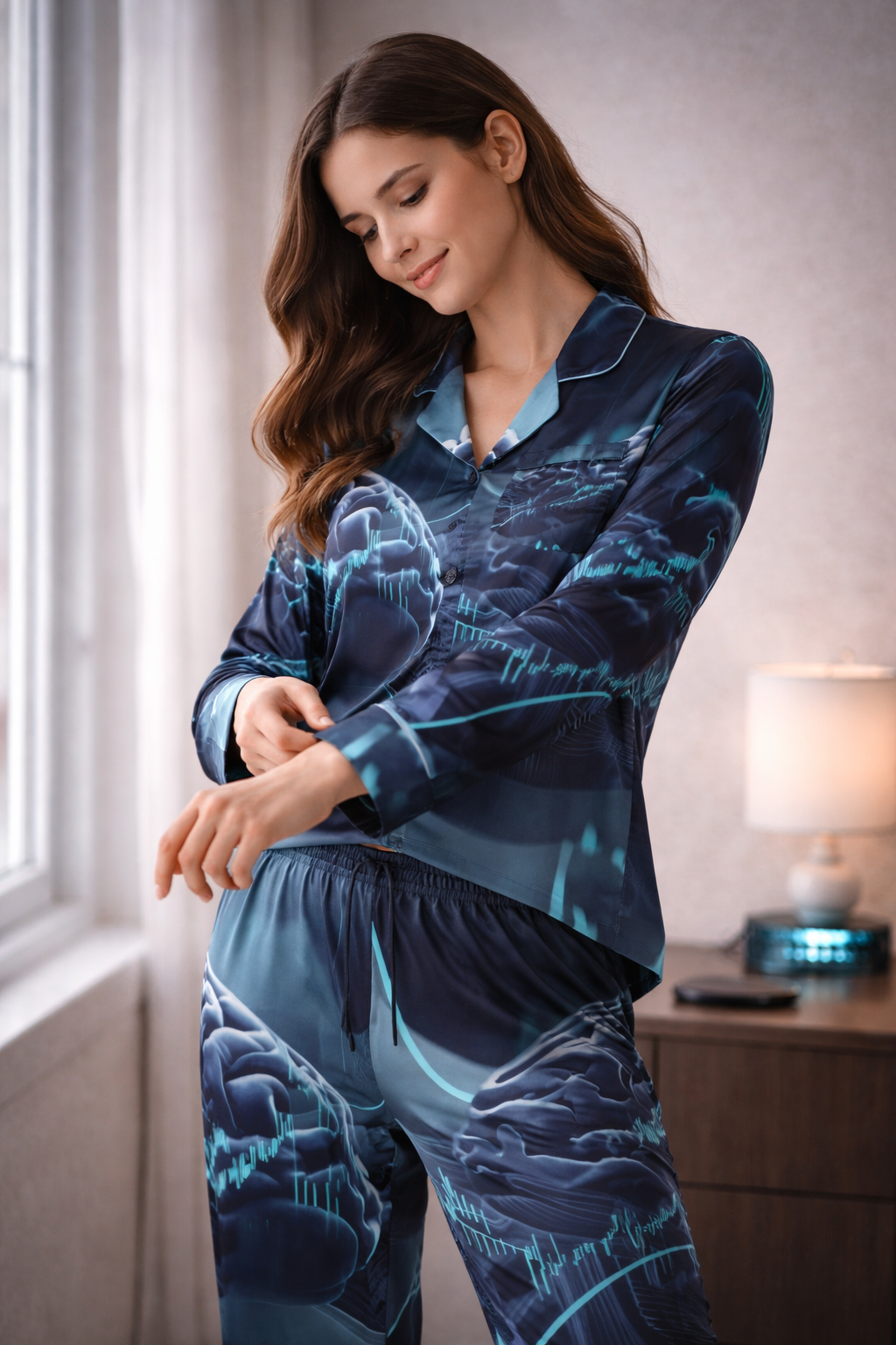 Satin Pajamas with Digital Brainwaves Pattern Movement shot