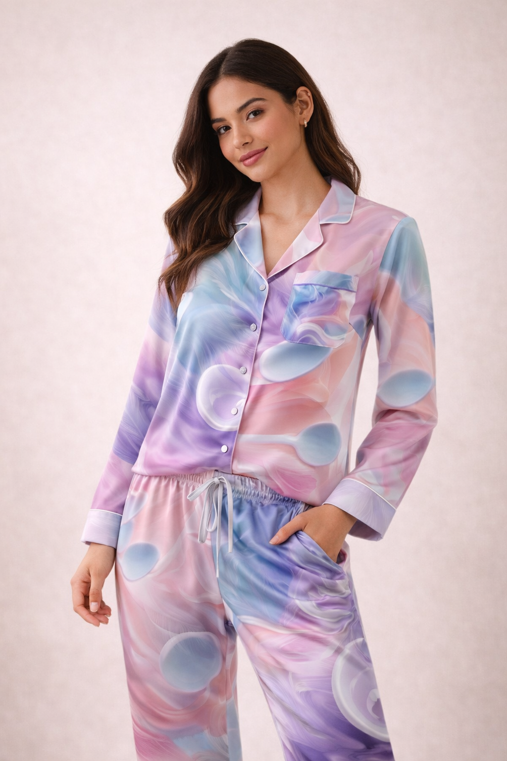 Satin Pajamas with Low-Spoon Aesthetic Pattern Model shot