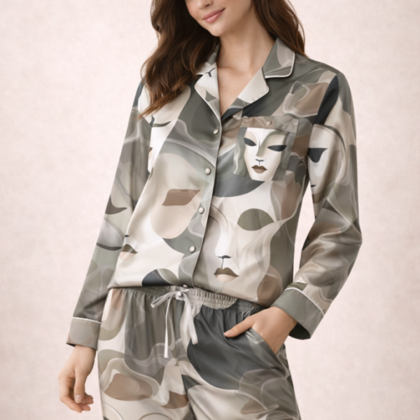Satin Pajamas with Mask Off Abstract Pattern