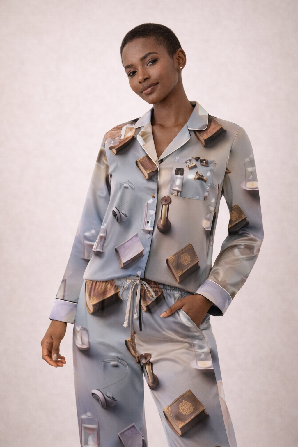 Satin Pajamas with Muted Monotropism Pattern model shot