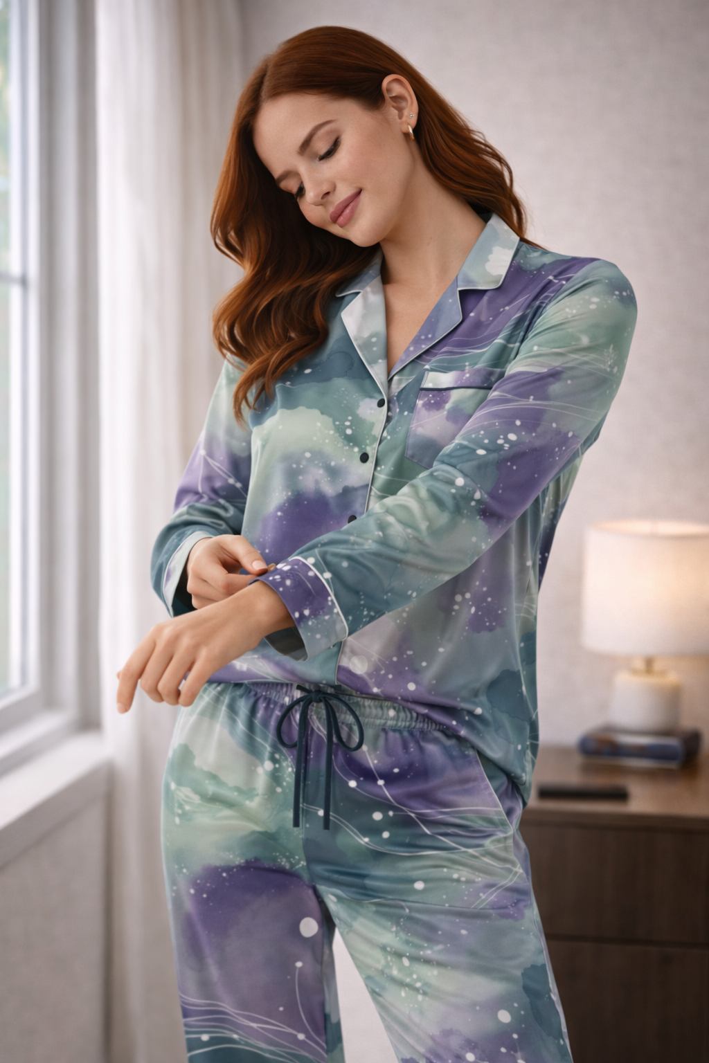Satin Pajamas with Neurodreamscape Pattern movement shot
