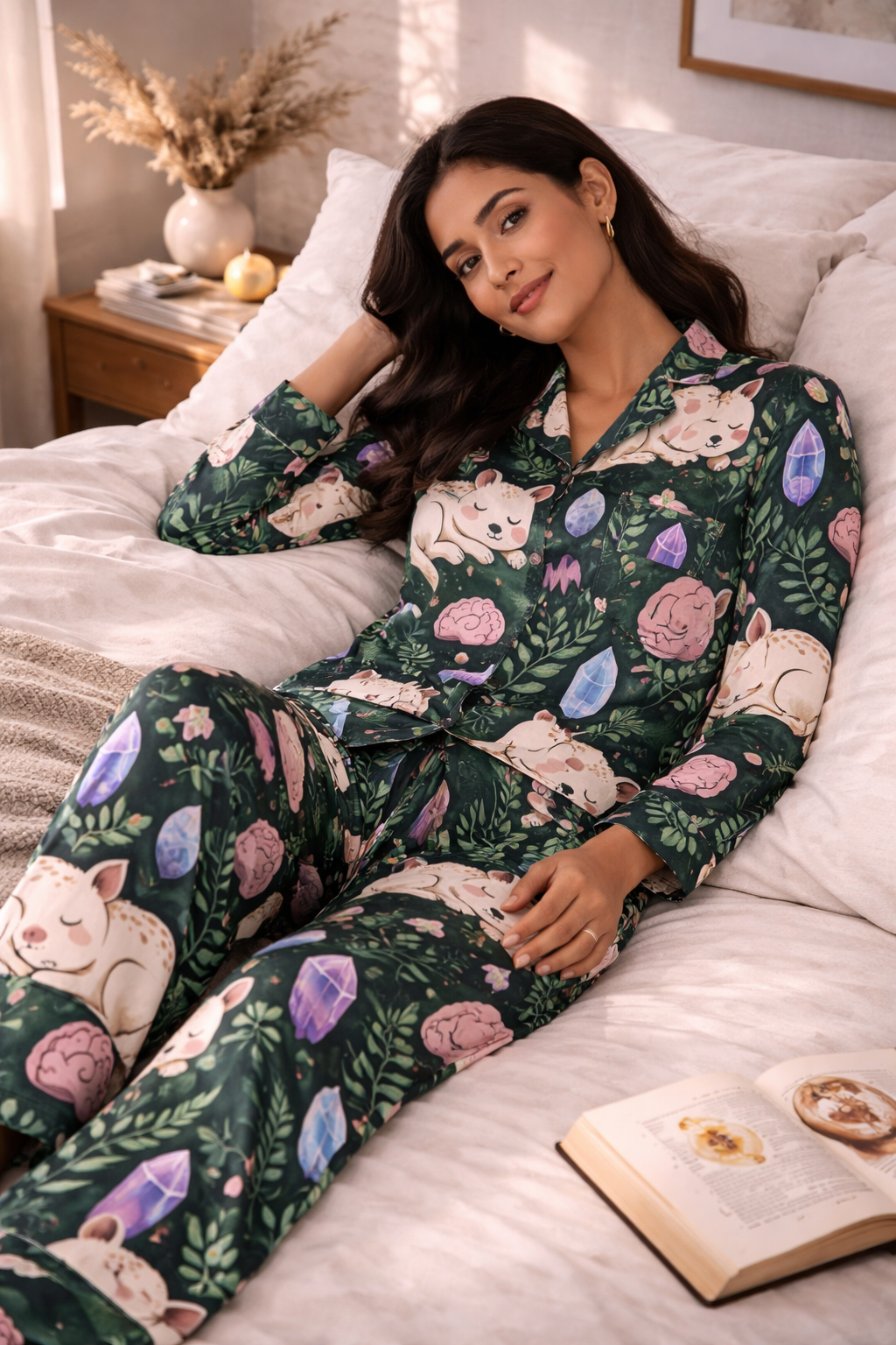 Satin Pajamas with Overstim Retreat Pattern bed shot