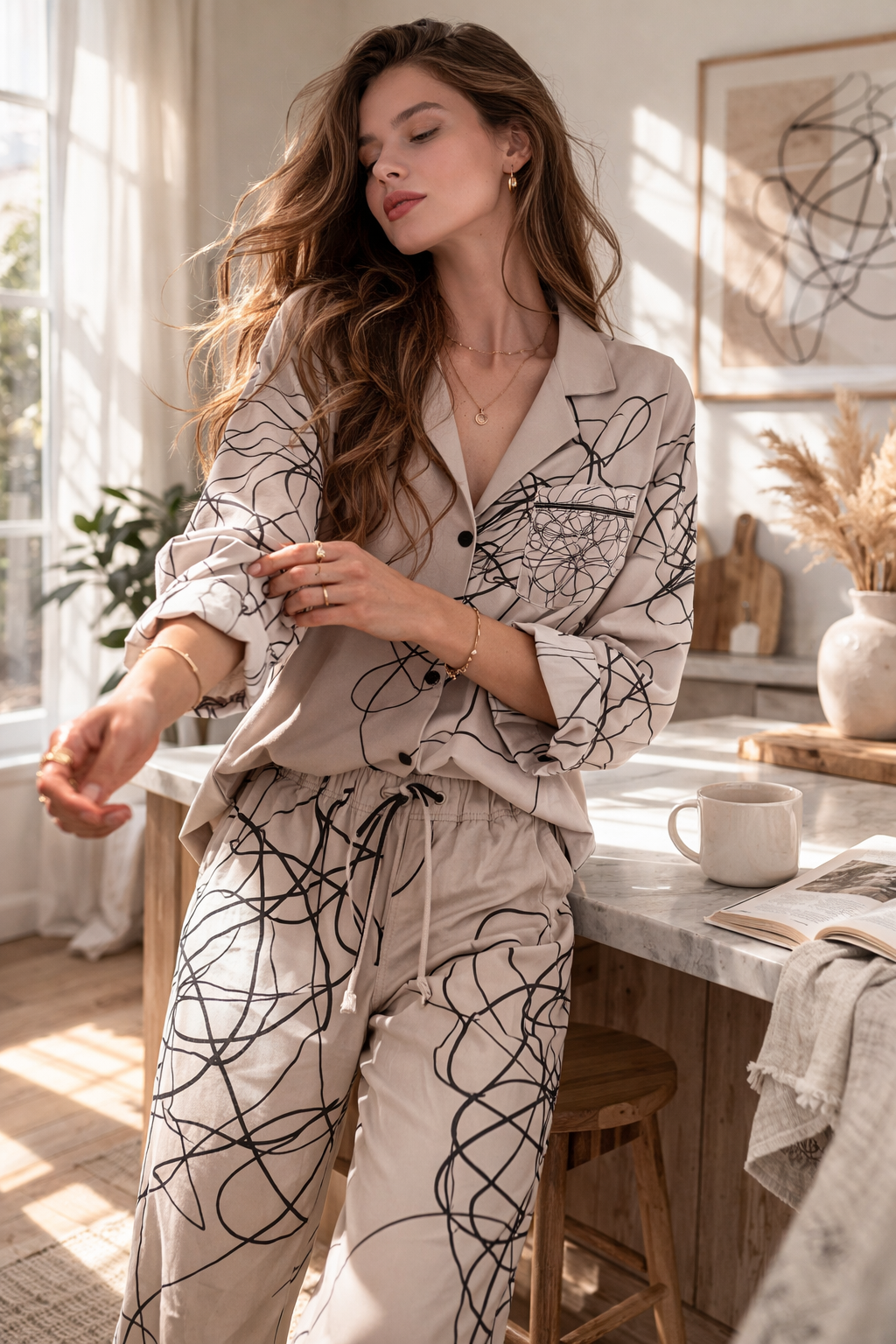 Satin Pajamas with Tangle Lines Design Movement shot