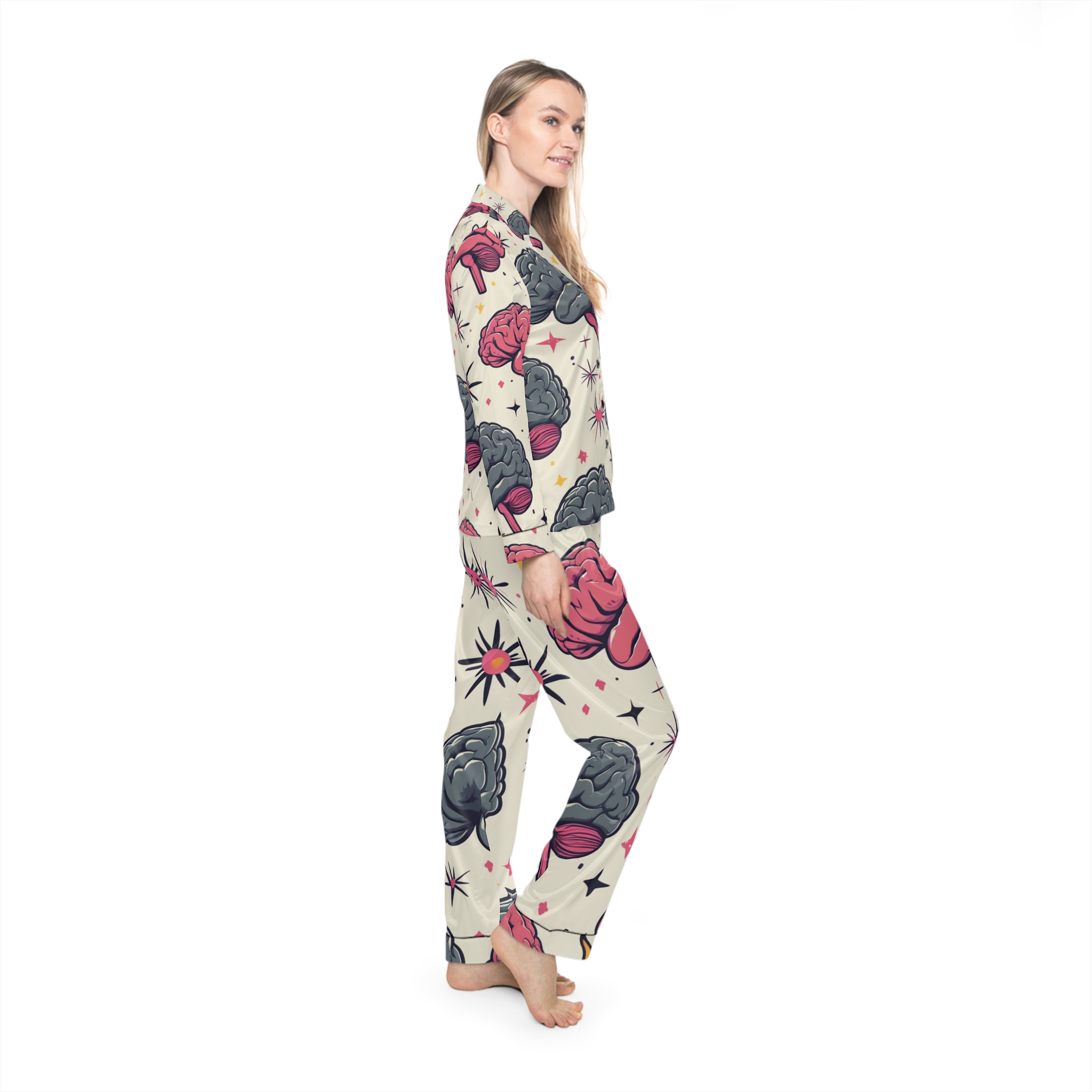 Satin Pajamas with Spicy Brain Icons Pattern - Image 5