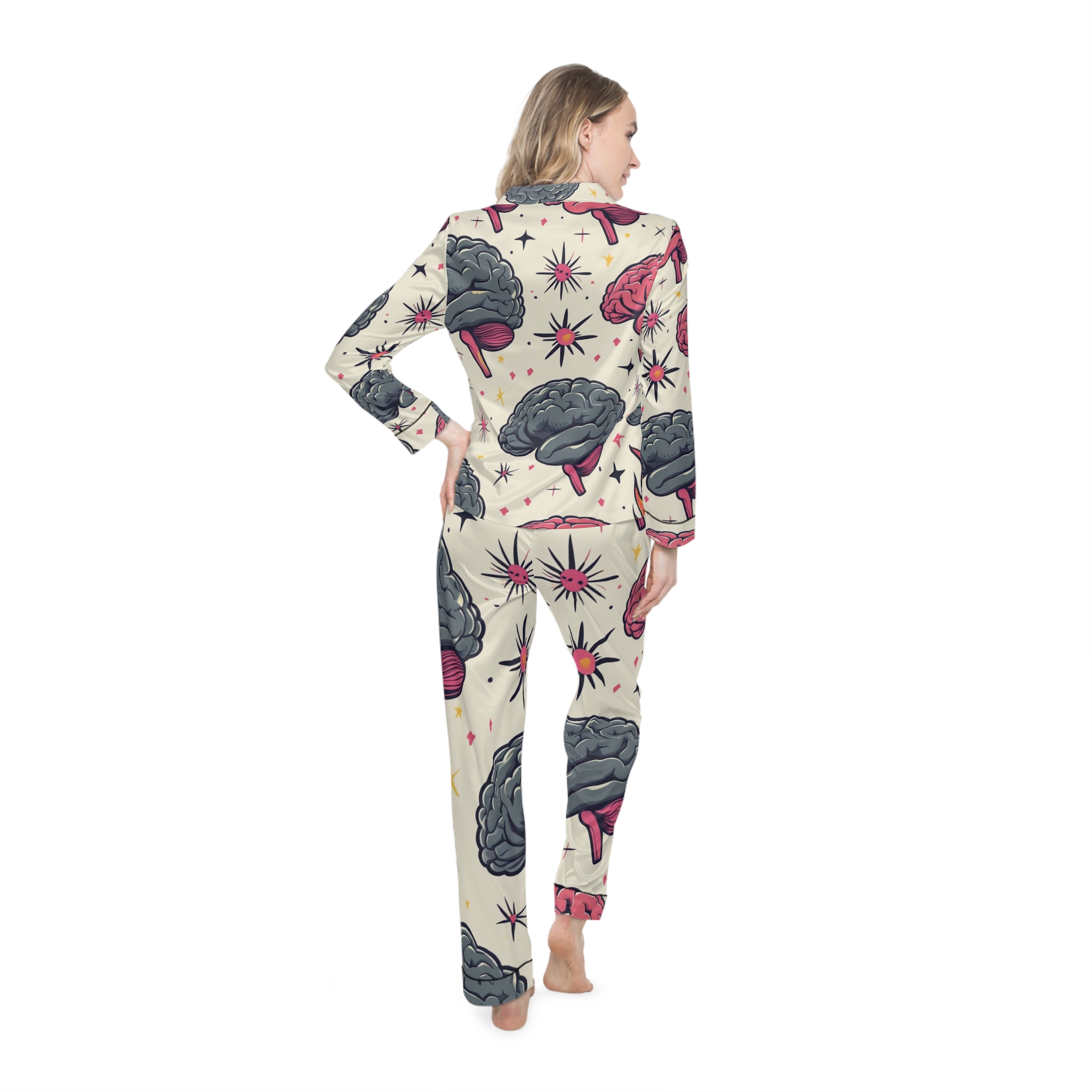 Satin Pajamas with Spicy Brain Icons Pattern - Image 4