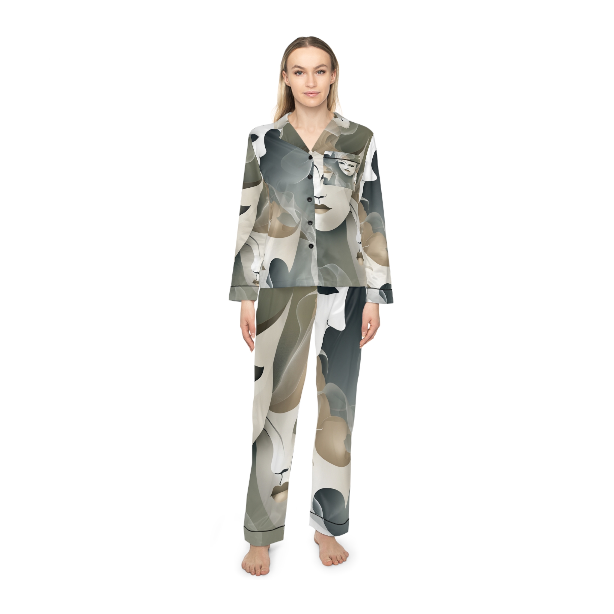 Satin Pajamas with Mask Off Abstract Pattern