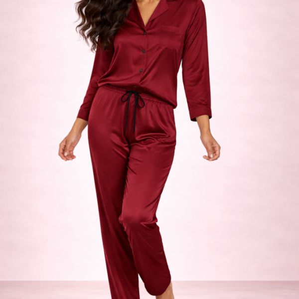 Women's Satin Pajama Set - Luxury Muted Wine Red Silk-Like Loungewear