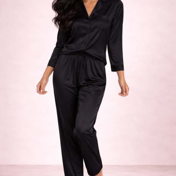 Women's Satin Pajama Set - Luxury Soft Black Silk-Like Loungewear