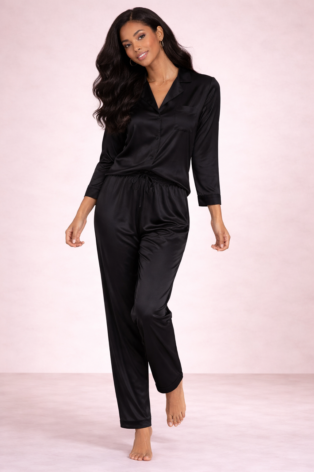 Women's Satin Pajama Set - Luxury Soft Black Silk-Like Loungewear